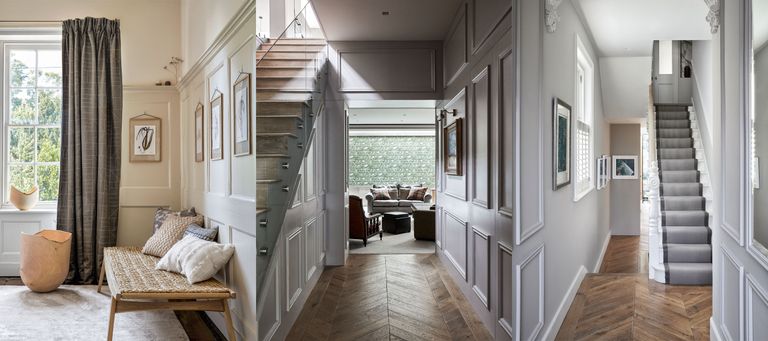 Modern hallway spaces with neutral palettes and wall paneling. Cream painted paneling with hanging photos, wooden bench with wooden flooring and beige rug. spacious hallway with glass stairs, large rectangular painted panels, wooden herringbone flooring. Gray painted hallway with white paneling, wooden herringbone flooring, gray carpeted stairs