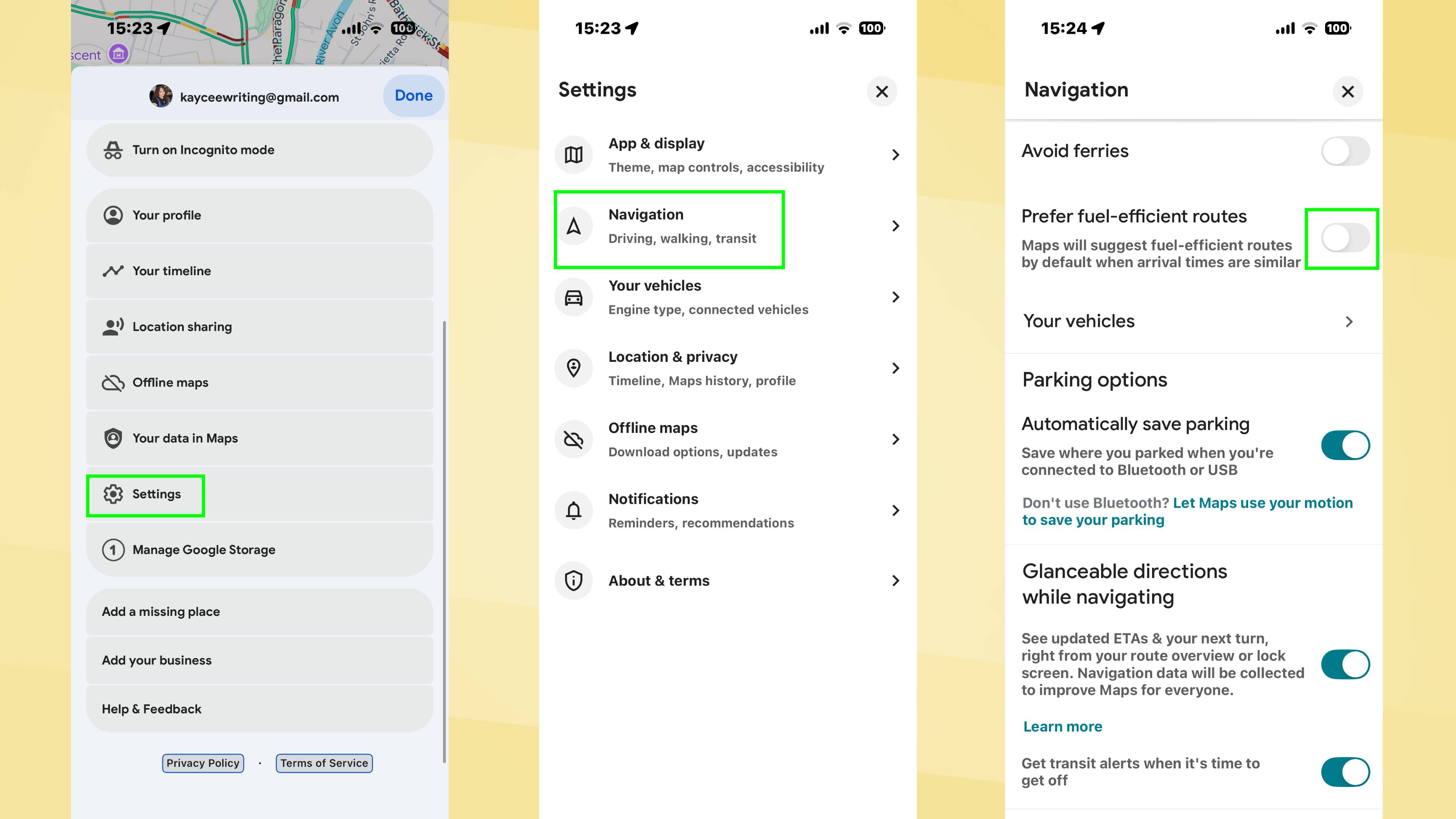 Prefer efficient routes toggled off in Google Maps
