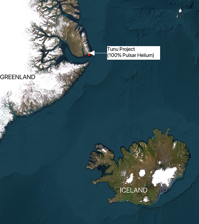 a map of Greenland and Iceland showing the location of a helium reservoir on Greenland&#039;s coast
