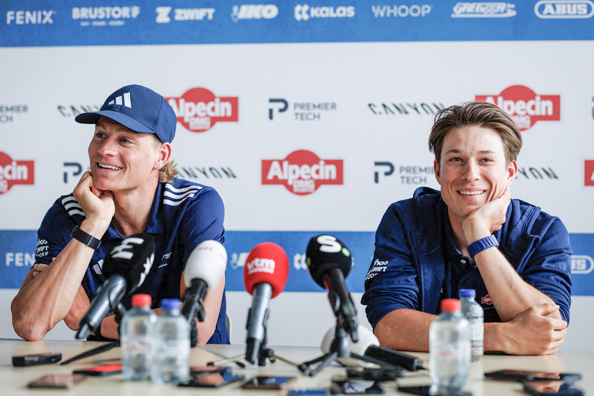 Mathieu van der Poel and Jasper Philipsen pictured during press conference of Alpecin-Premier Tech cycling team ahead of this year's Paris-Roubaix