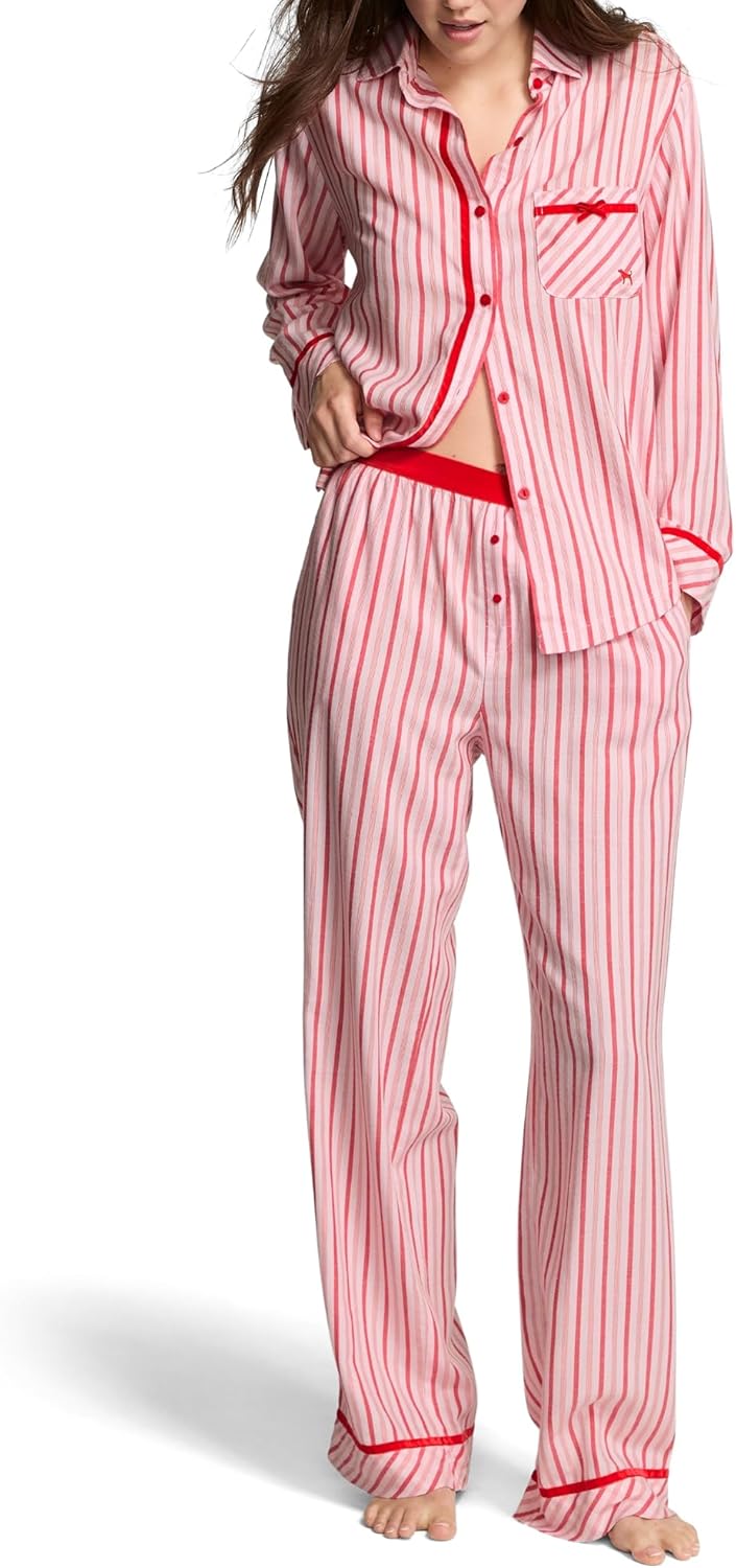 Victoria's Secret Women's Pink Flannel Pajama Set, Long Sleeve Button Down Shirt & Pants, Sleepwear for Women, Red Stripe, M