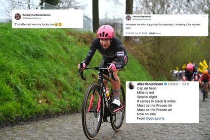 Kristen Faulkner at the Tour of Flanders, with social media posts overlaid