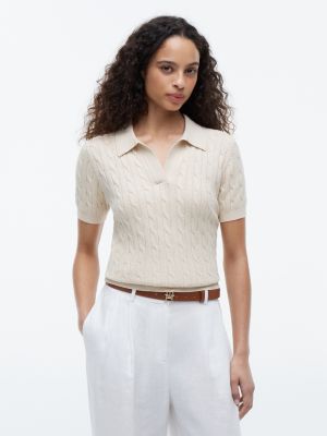 Short-Sleeve Cable Knit Sweater Polo