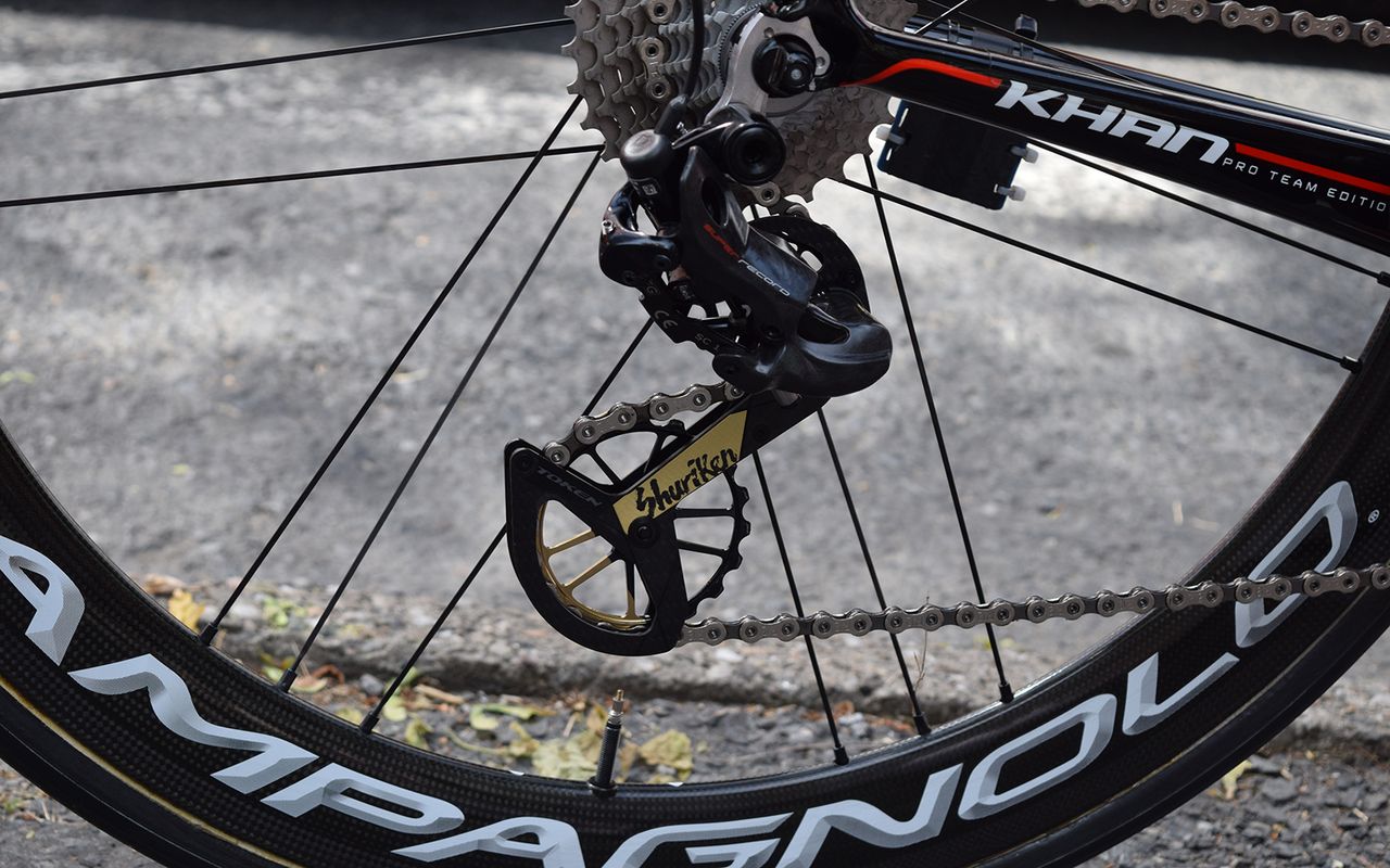 Cofidis' Natnael Berhane uses the Token Shuriken oversized pulley wheel system to improve drivetrain efficiency