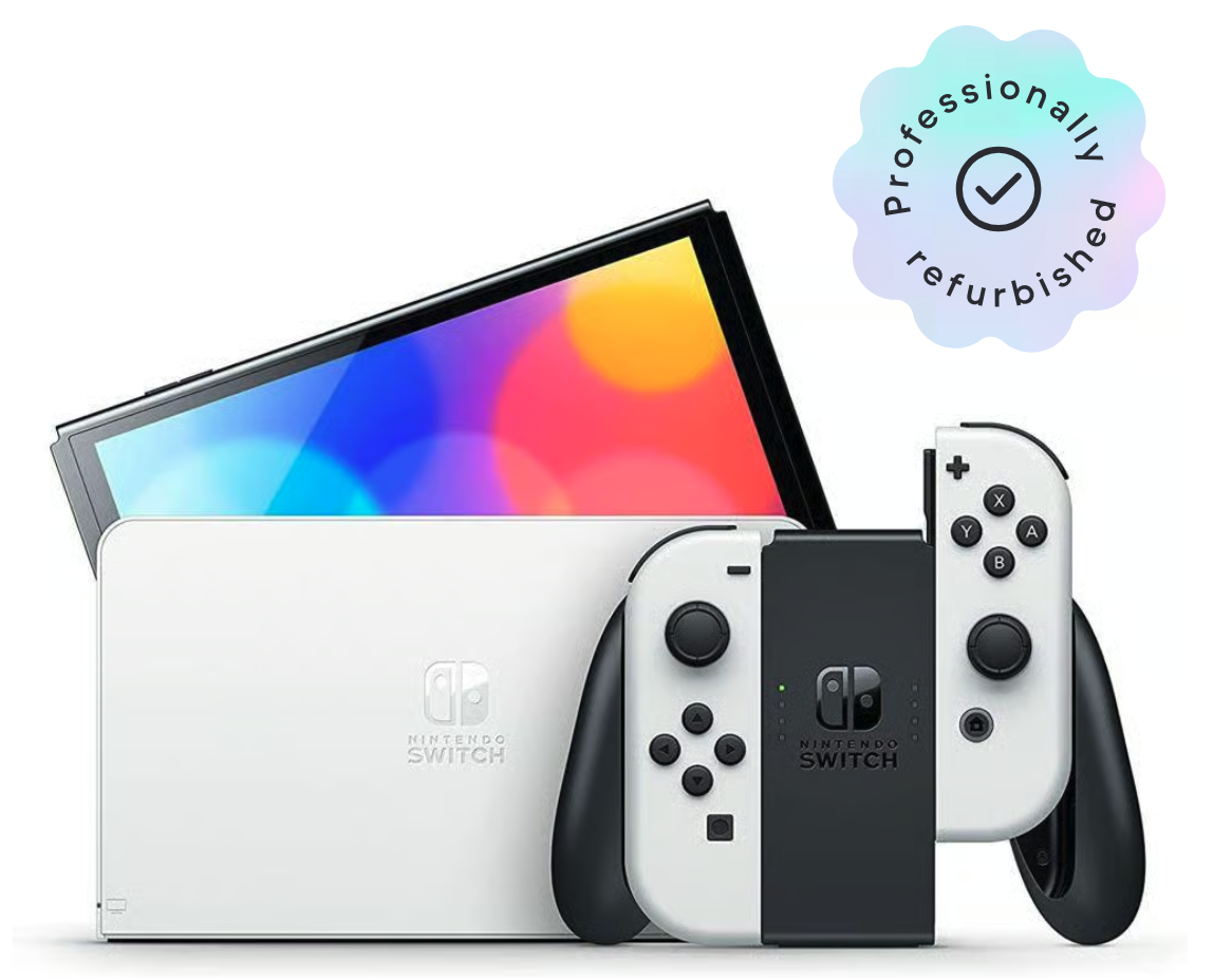 Switch OLED model on a white background with a refurbished stamp