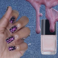 collage of girl with polka dot coffin nails and nail polishes