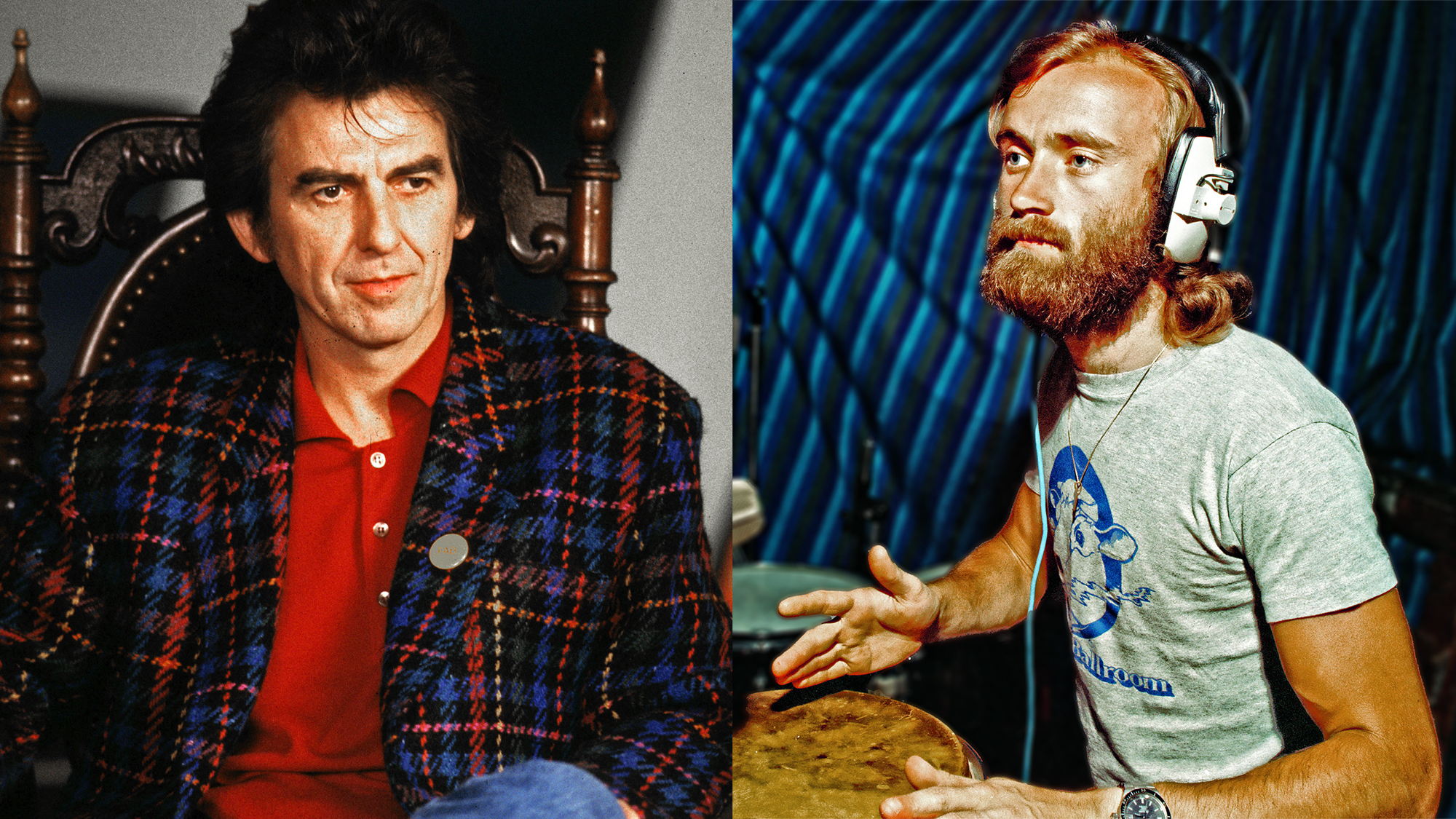 LEFT: George Harrison, photographed in Munich, Germany, February 1988. RIGHT: Phil Collins in a London recording studio, 1977 