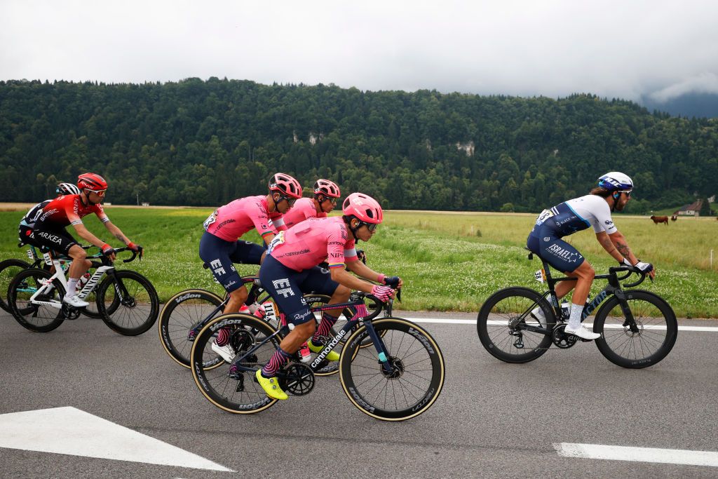 VALENCE FRANCE JULY 06 Sergio Higuita of Colombia and Team EF Education Nippo Rigoberto Urn of Colombia and Team EF Education Nippo Rick Zabel of Germany and Team Israel StartUp Nation during the 108th Tour de France 2021 Stage 10 a 1907km stage from Albertville to Valence LeTour TDF2021 on July 06 2021 in Valence France Photo by Chris GraythenGetty Images