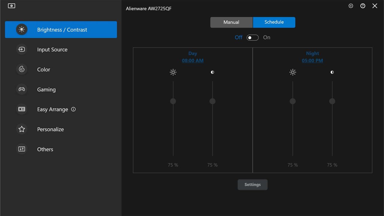 Screenshot of the Dell Display Manager 2's brightness schedule menu.