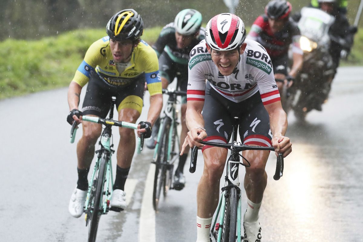 Gregor M&uuml;hlberger of Bora-Hansgrohe puts Primoz Roglic under pressure