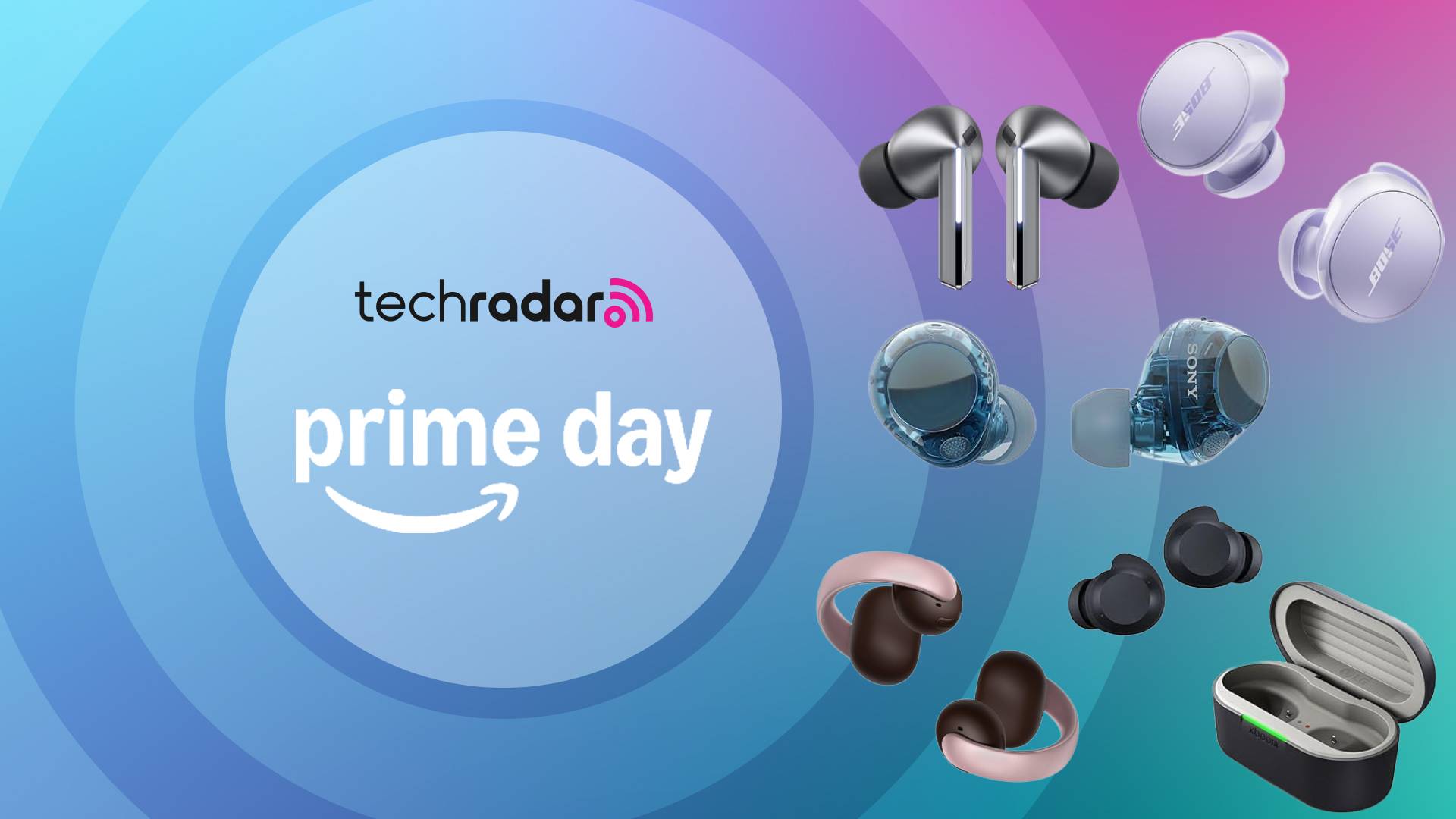 Anker Soundcore AeroClip, LG xboom Buds, Sony WF-C70N, Samsung Galaxy Buds 3 Pro and Bose QuietComfort earbuds on multi-colored background with the words &#039;TechRadar: Prime Day&#039; positioned on the left