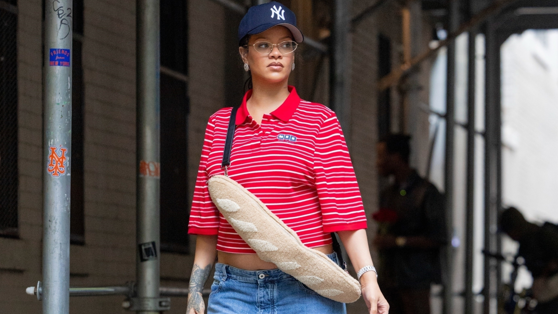rihanna in new york city with a baguette bag
