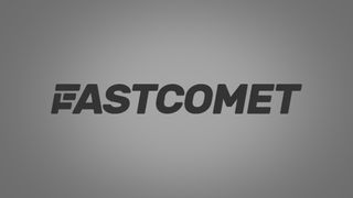 FastComet logo on grey background