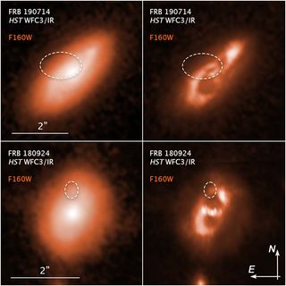 The dotted lines in these Hubble Space Telescope images mark the locations of the two fast radio bursts FRB 190714 (top row) and FRB 180924 (bottom row).