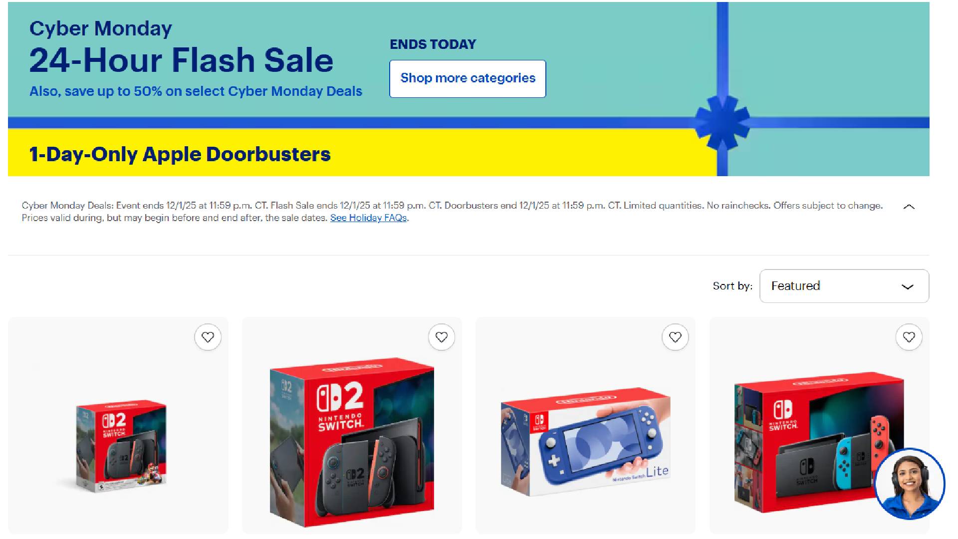Screenshot of Best Buy page with flash sale and various Nintendo Switch consoles listed.