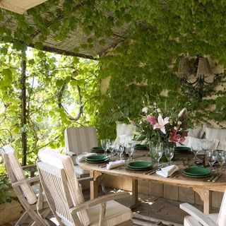vine covered garden and table with chairs