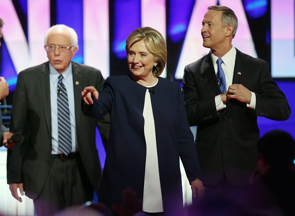 Hillary Clinton and Bernie Sanders at the first primetime Democratic Presidential debate of the 2016 race.