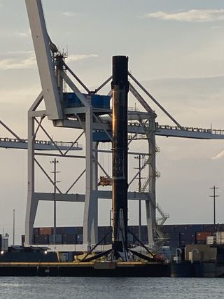 SpaceX's most flown Falcon 9 rocket, the 10-time flier B1051, arrives in Port Canaveral, Florida on May 12, 2021 after launching 60 Starlink satellites into orbit from Cape Canaveral Space Force Station on May 9.