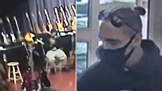 A man stuffs an $8,000 Les Paul down his pants (left), a close-up shot of the suspect in the music store