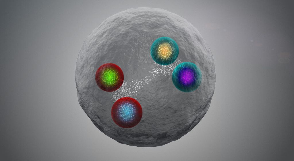 Illustration of a tetraquark composed of two charm quarks and two charm antiquarks, detected for the first time inside CERN&#039;s Large Hadron Collider.