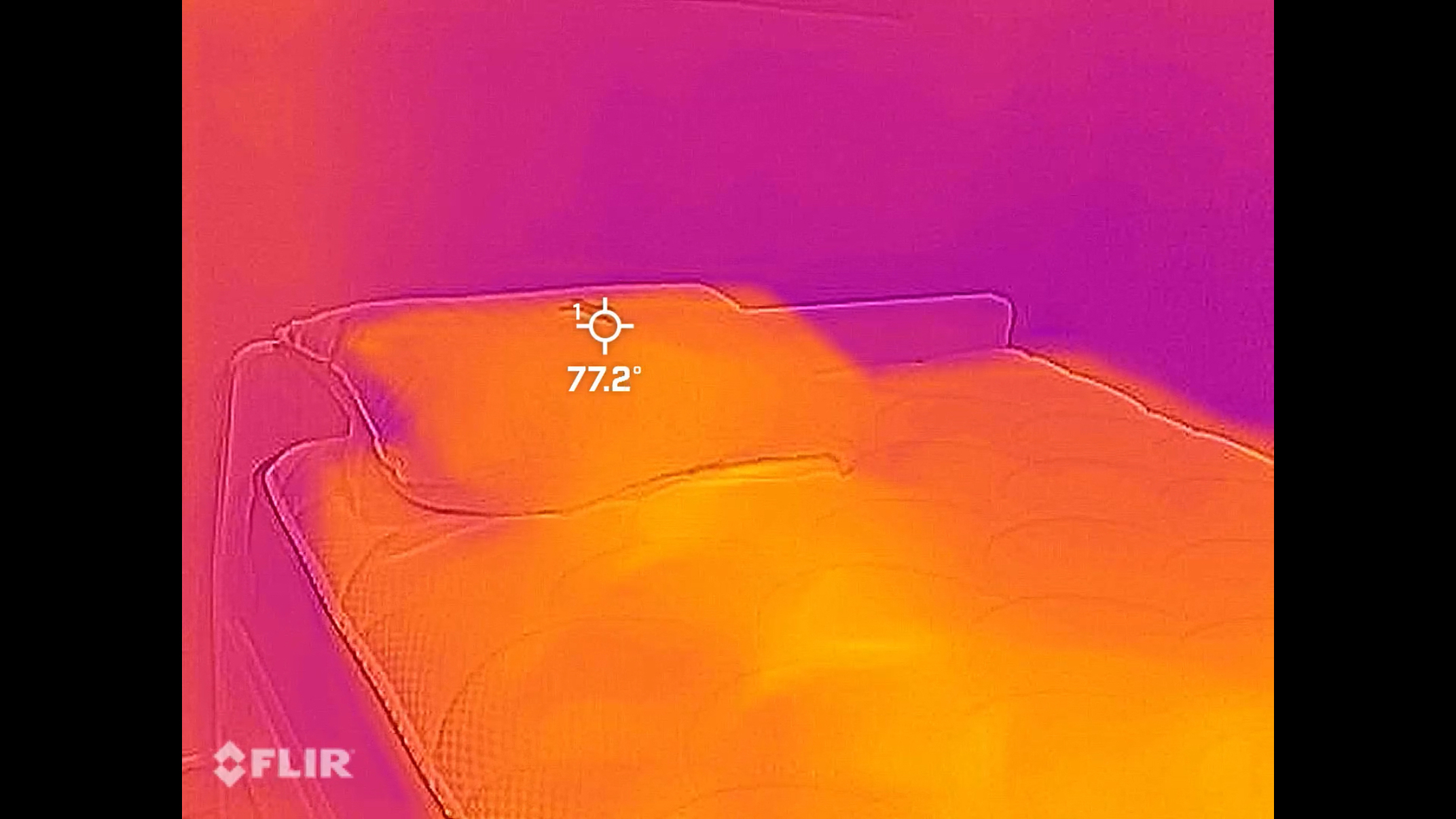 A thermal image of the Beckham Hotel Collection Pillow showing a temperature reading of 77.2 °F