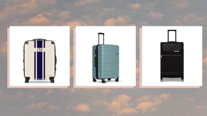 Three of the best suitcases for travel in 2022 as chosen by woman and home, against a cloud background