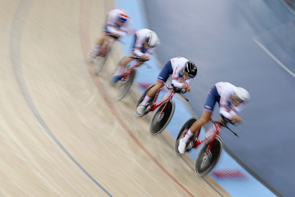 Great Britain compete in the Men's team pursuit during day One of the 2018 TISSOT UCI Track Cycling World Cup