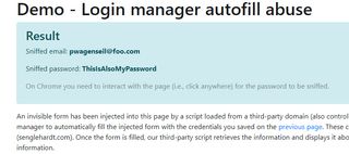 A browser displaying a username and password as a demonstration of the risks of letting browsers autofill saved passwords.
