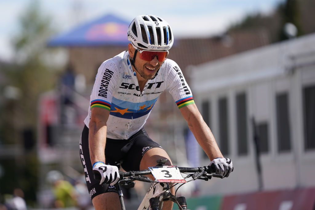 ALBSTADT GERMANY MAY 09 Nino Schurter of Switzerland celebrates second place in CrossCountry Olympic Men Elite race during UCI Mountain Bike World Cup on May 09 2021 in Albstadt Germany Photo by Christian KasparBartkeGetty Images