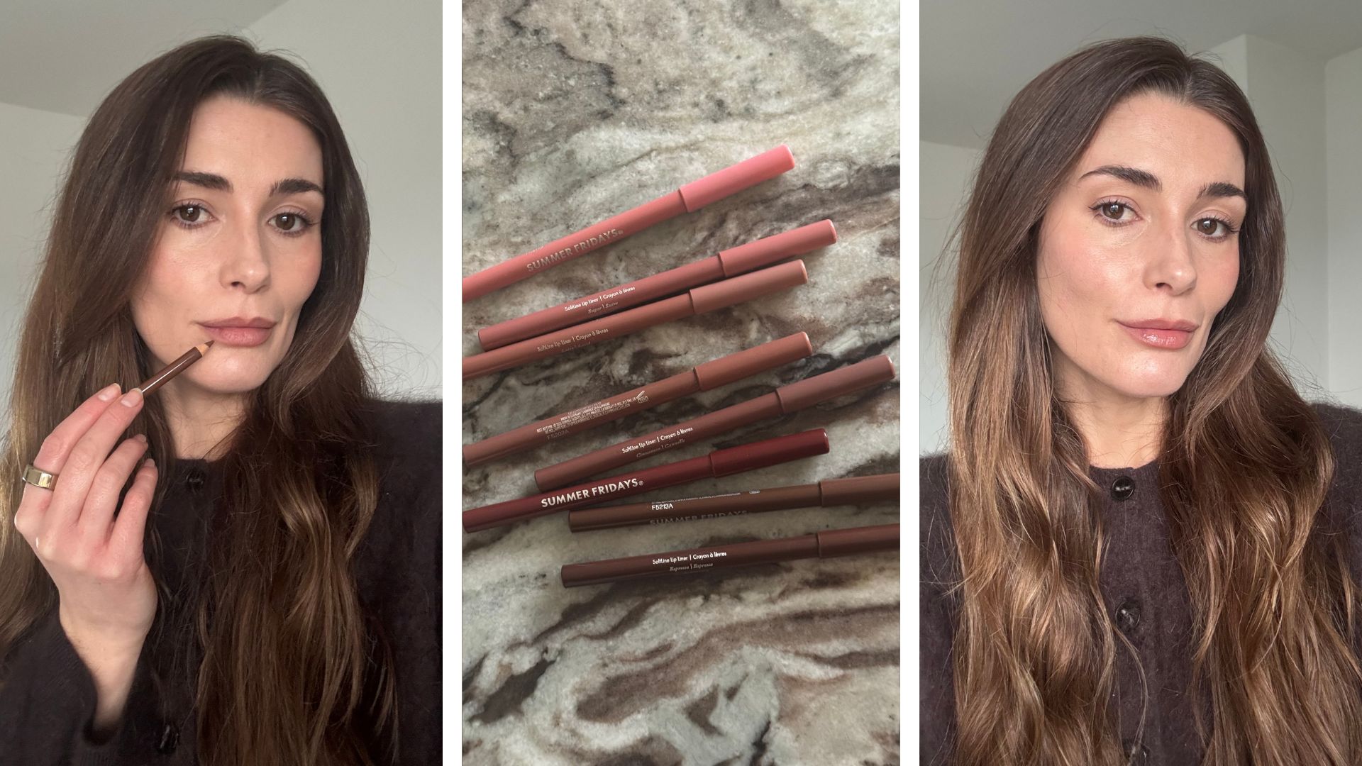 A collage of beauty editor Eleanor Vousden testing the Summer Fridays SoftLine Lip Liners, and a photo of all the shades of the liners on a marble background