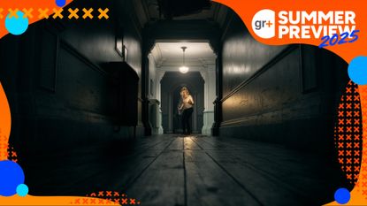 Resident Evil Requiem screenshot showing Grace Ashcroft walking down a dark hallway with a lighter in hand. The GR+ Summer Preview 2025 banner frames the image