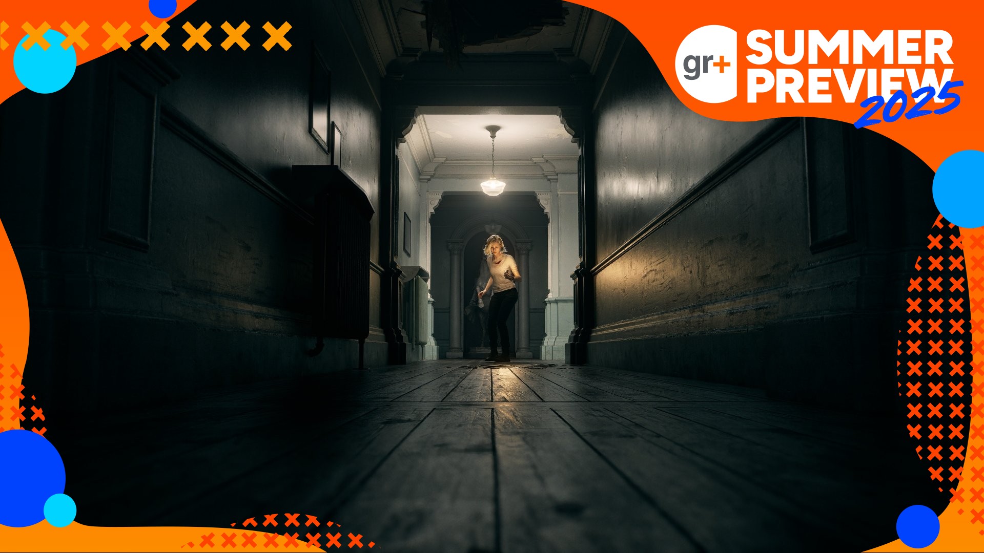 Resident Evil Requiem screenshot showing Grace Ashcroft walking down a dark hallway with a lighter in hand. The GR+ Summer Preview 2025 banner frames the image