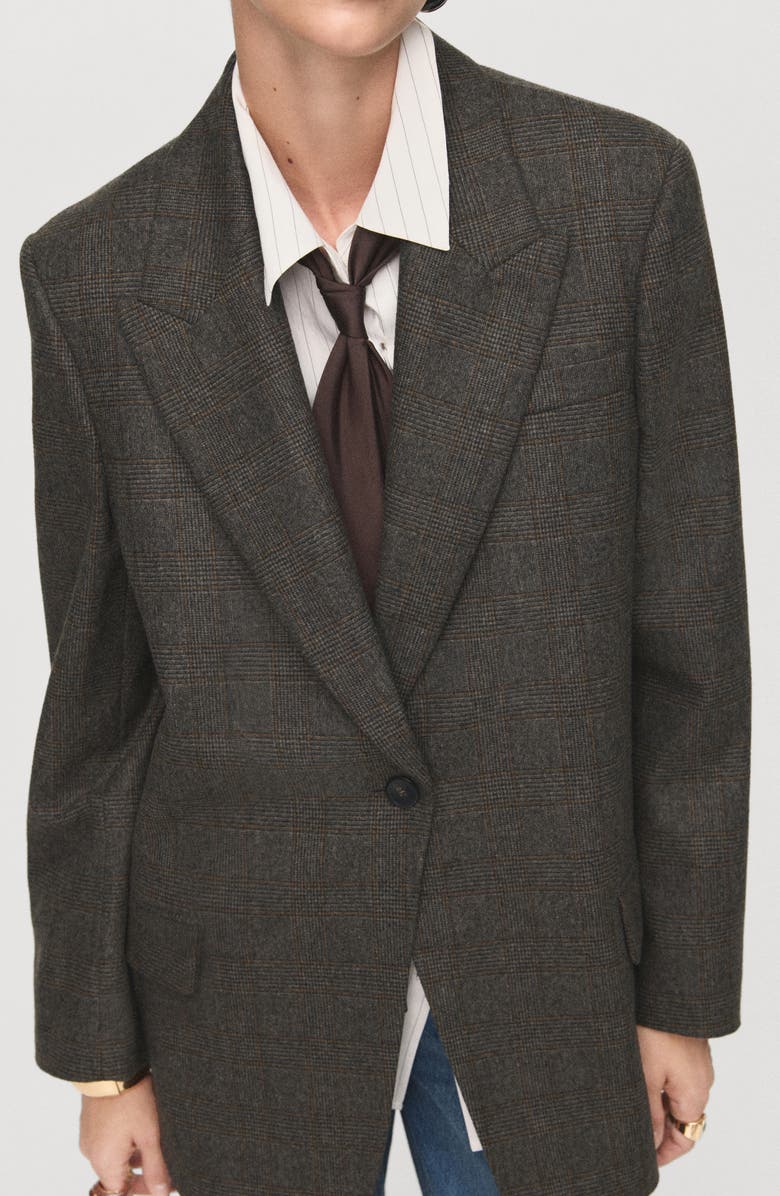 Houndstooth One-Button Wool Blend Blazer