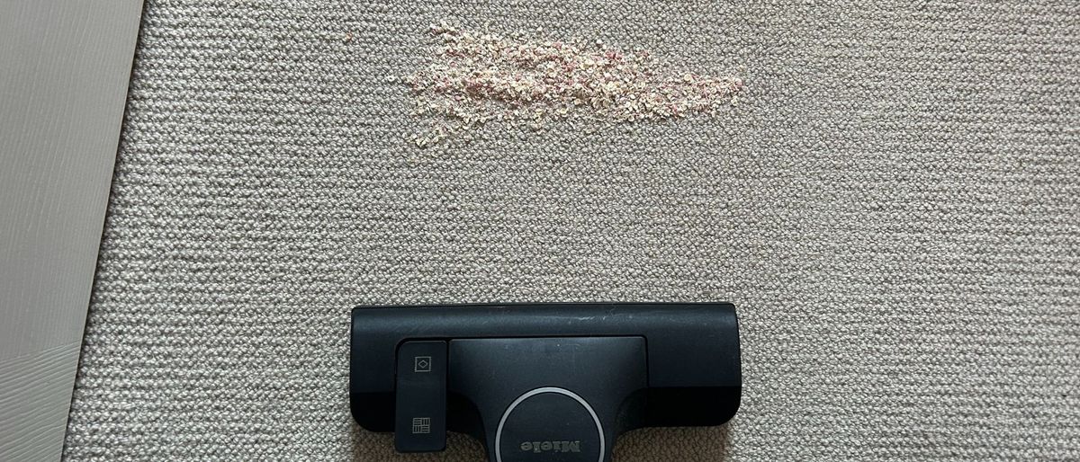 Miele Guard L1 Comfort XL performing an oatmeal test on low pile carpet