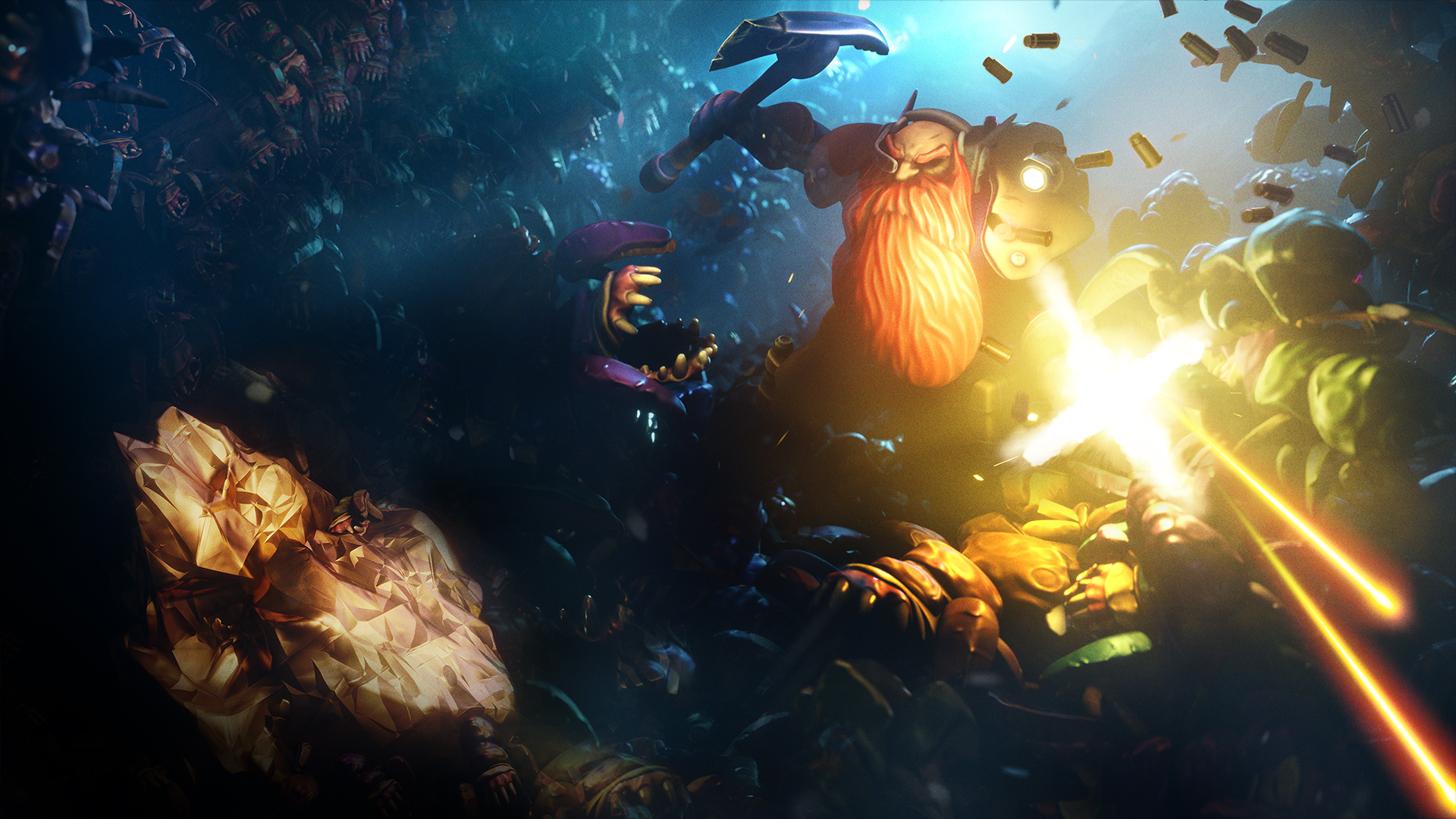 A dwarf shooting bugs in Deep Rock Galactic: Survivor.