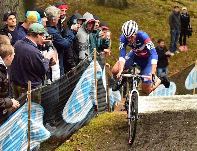 Jeremy Powers (Rapha Focus) leading by the end of lap one at the stairs