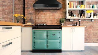green AGA in kitchen with exposed brick wall