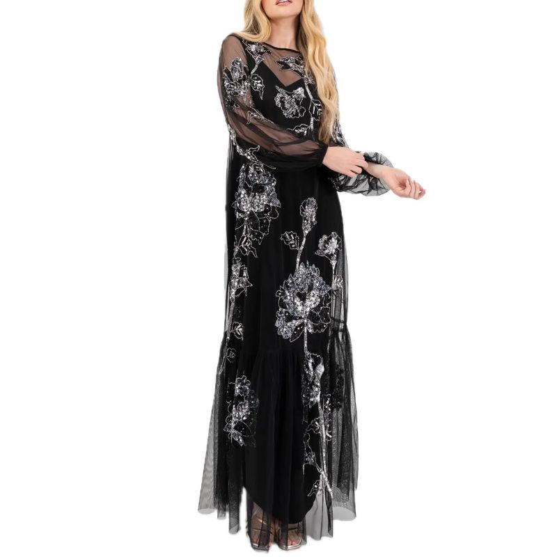 Maya Deluxe , Floral Embellished Long Sleeve Maxi Dress