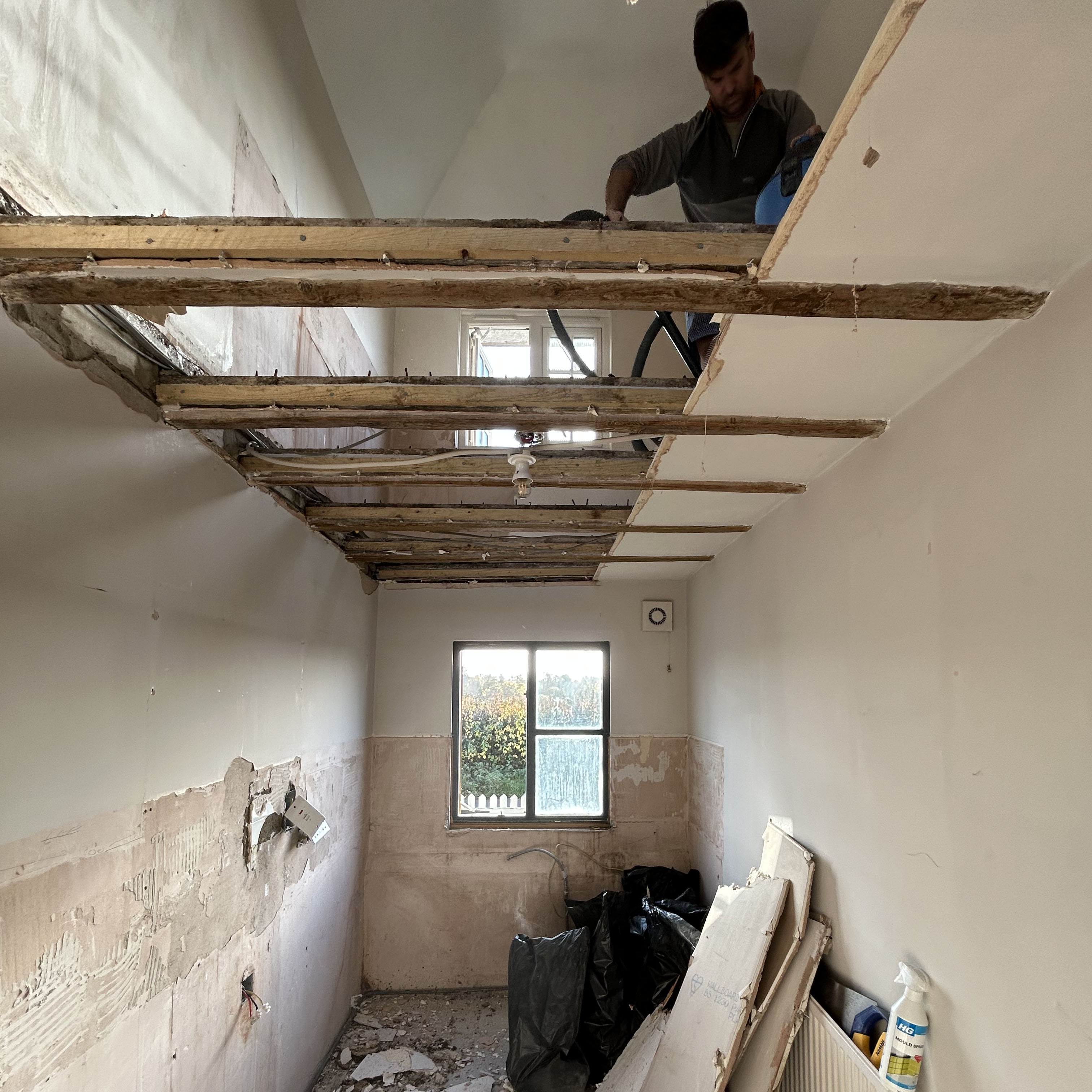 ceiling removed as part of a renovation project