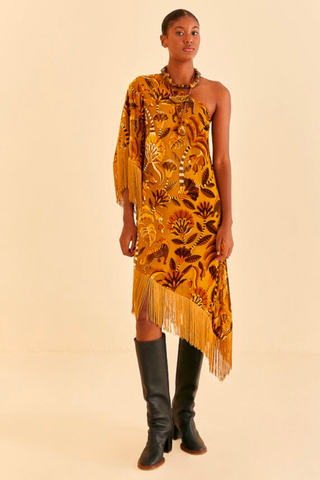 70s Fashion Trends 2023 | FARM Rio Golden Yellow Velvet One Shoulder Fringe Dress