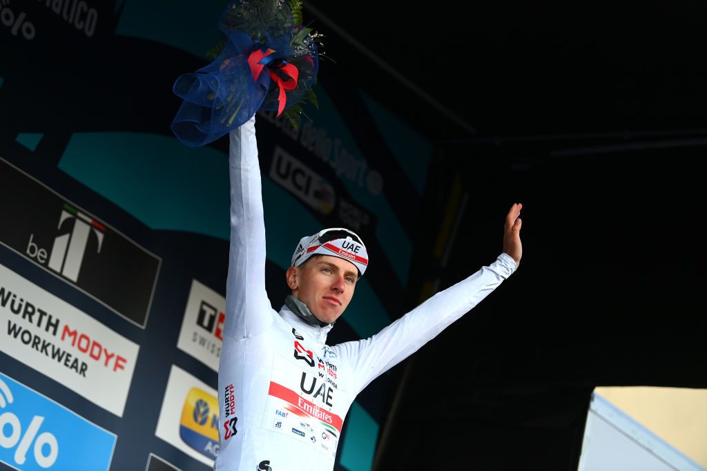 BELLANTE ITALY MARCH 10 Tadej Pogacar of Slovenia and UAE Team Emirates celebrates at podium as White Best Young Rider Jersey winner during the 57th TirrenoAdriatico 2022 Stage 4 a 202km stage from Cascata delle Marmore to Bellante 345m TirrenoAdriatico WorldTour on March 10 2022 in Bellante Italy Photo by Tim de WaeleGetty Images