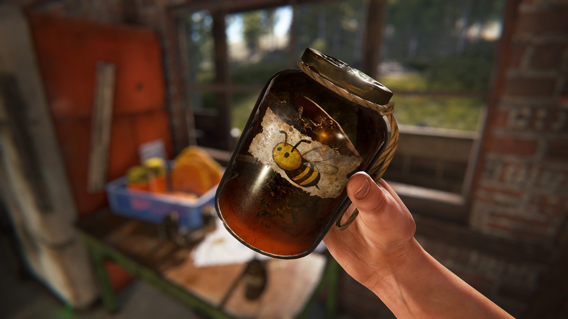 The player holds up a jar full of bees in first person, labelled with a cartoon picture of a bee in Rust