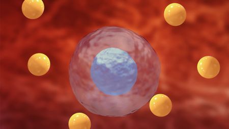 Illustration of a cell being surrounded by free radicals to demonstrate oxidative stress