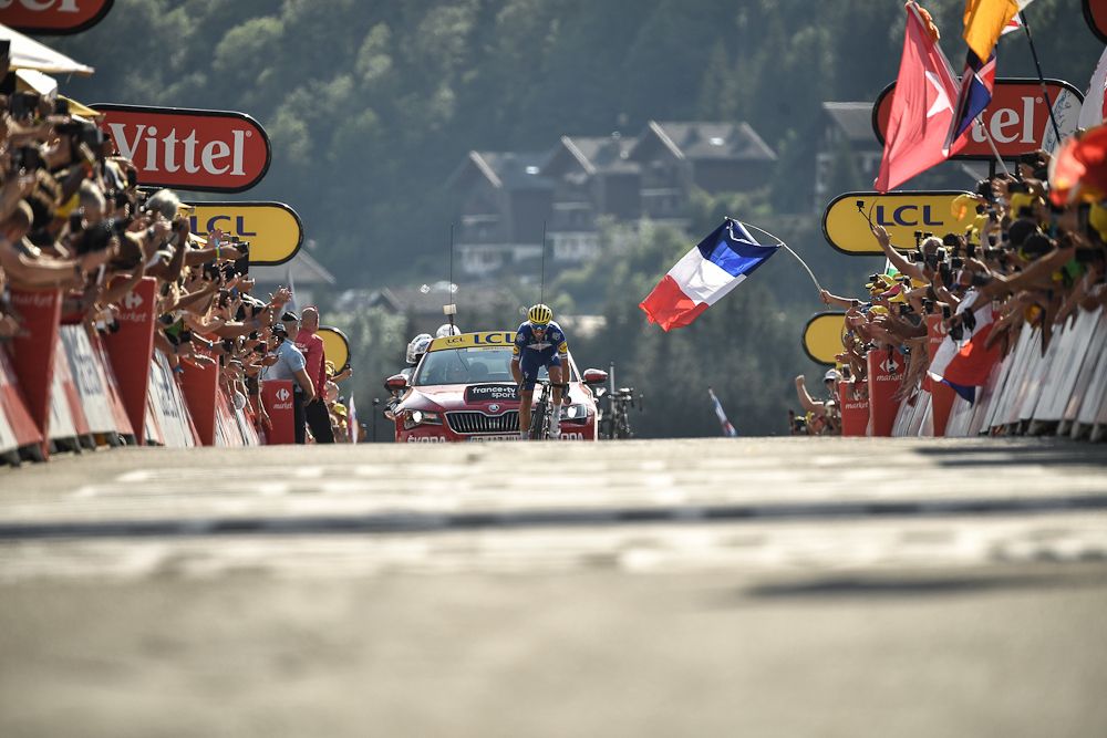 Julian Alaphilippe approaches the finish of stage 10 at the Tour de France