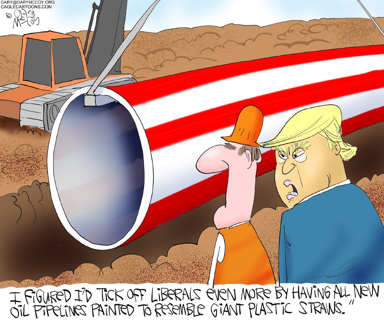 Political cartoon U.S. Trump oil pipeline plastic straw ban