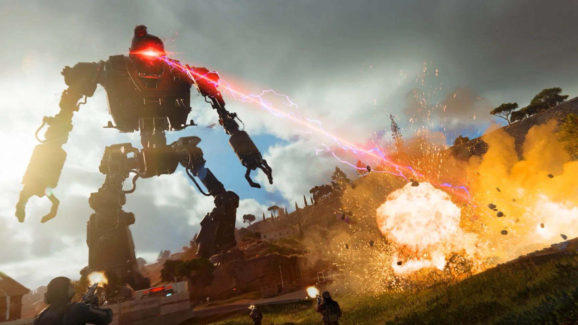 Black Ops 7 Season 1: A massive robot firing a red laser beam at the ground, creating an explosion, while playerrs shoot up at it.