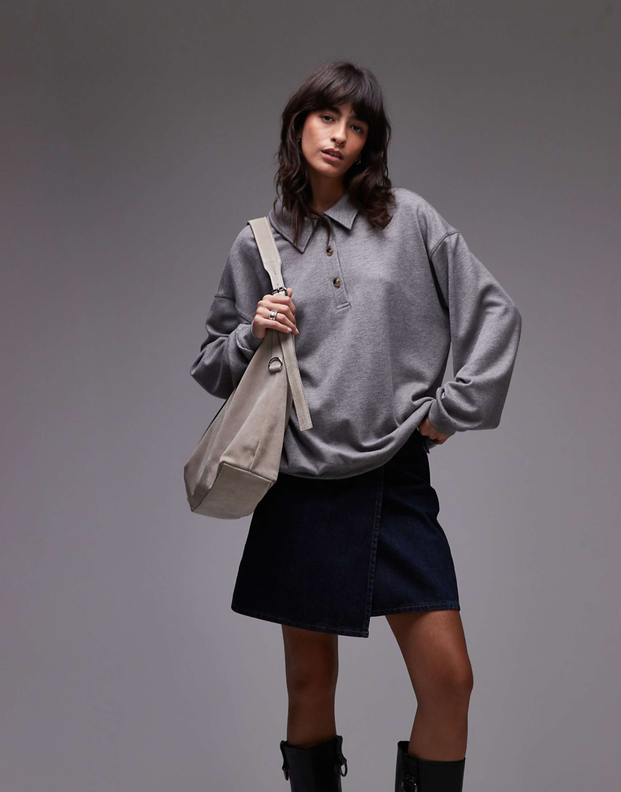 Topshop Premium Rib Polo Top in Grey