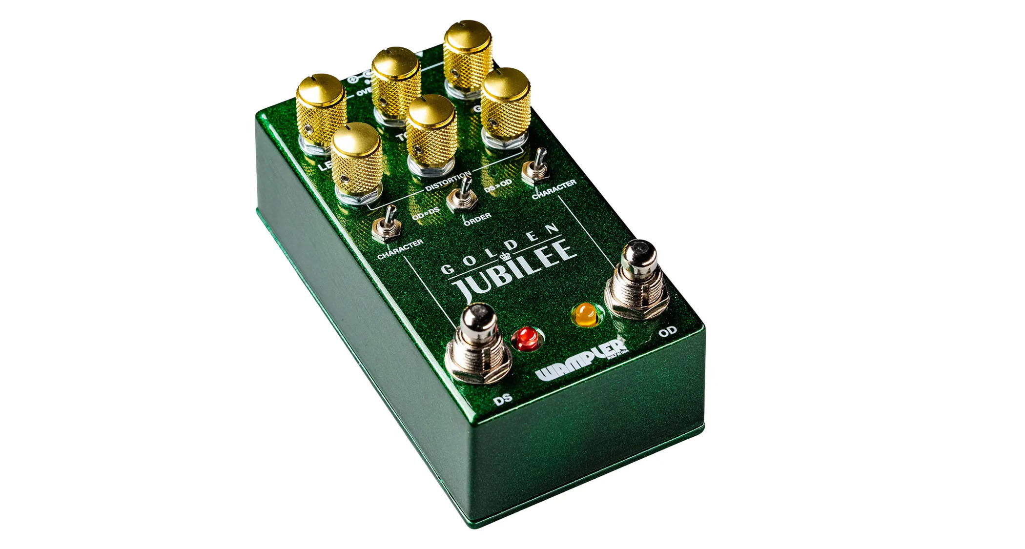 Wampler Golden Jubilee: the sparkly-green stompbox has gold anodized dials and two channels of drive to play with, placing classic Plexi and Mesa-style sounds into a compact housing.