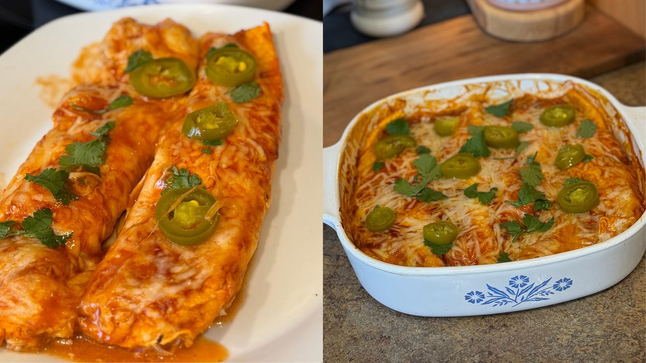 Two images side by side, left is two enchiladas on a plate, the other is CorningWare of enchiladas