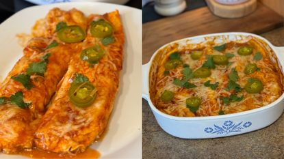 Two images side by side, left is two enchiladas on a plate, the other is CorningWare of enchiladas